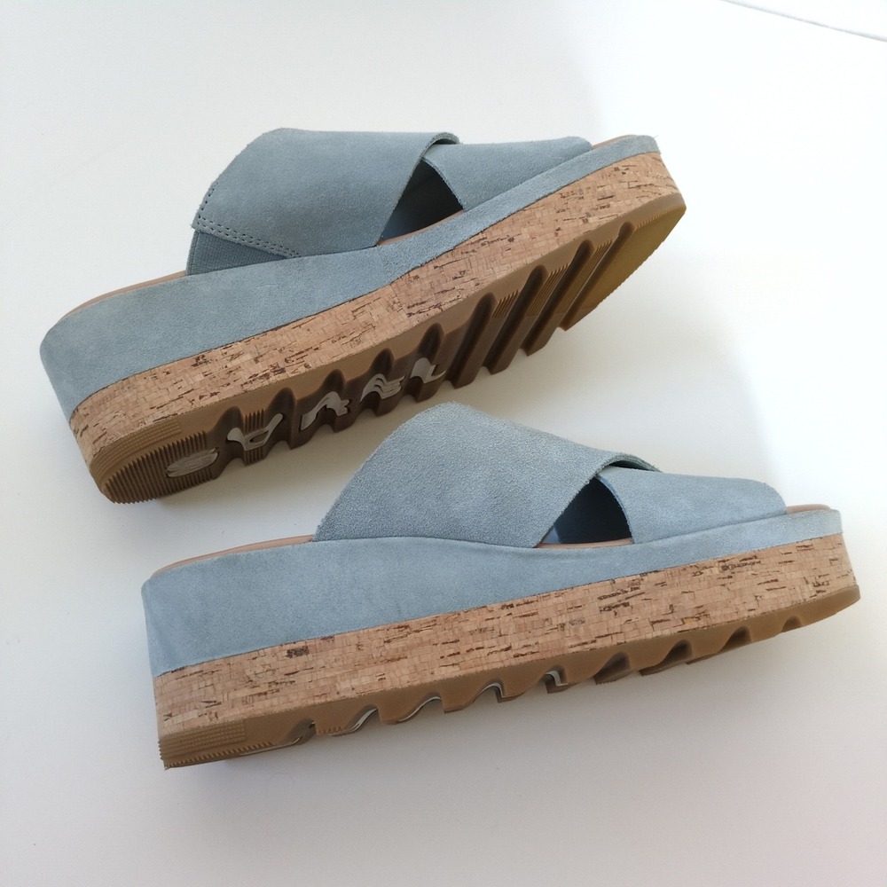 Sorel Cameron Flatform Sandal Women 9.5 Blue Suede Cross Strap Platform NL4631 - Picture 5 of 8